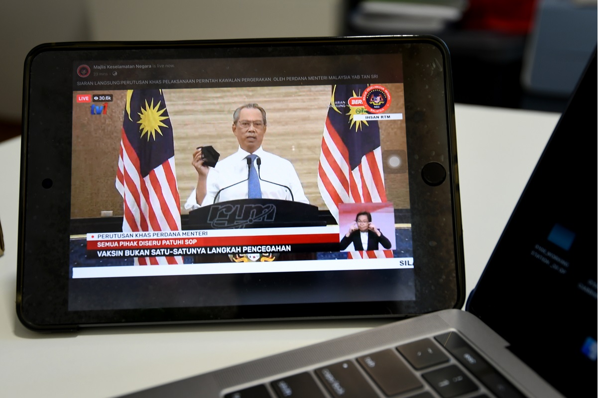 Prime Minister Tan Sri Muhyiddin Yassin giving a national address today. (Photo by Sam Fong/The Edge)