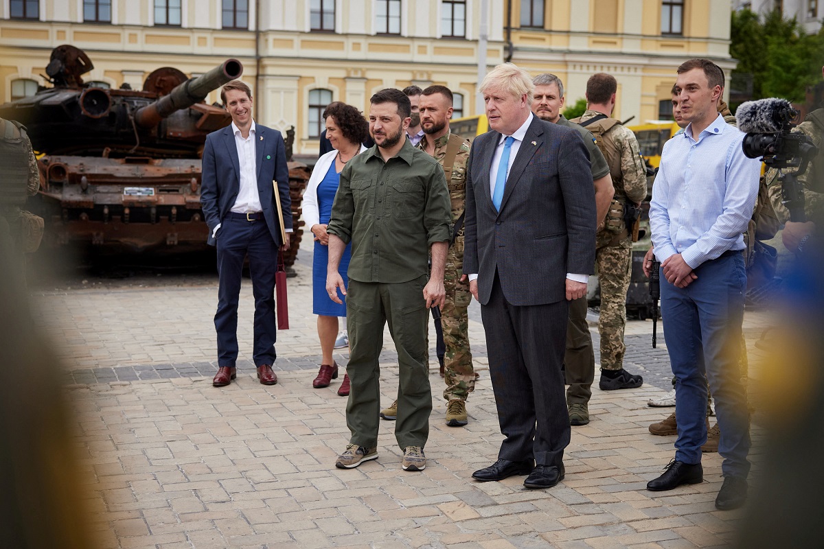 British Prime Minister Boris Johnson and Ukraine's President Volodymyr Zelenskiy visit an exhibition of destroyed Russian military vehicles and weaponry, as Russia's attack on Ukraine continues, at Mykhailivska Square in Kyiv, Ukraine June 17, 2022.