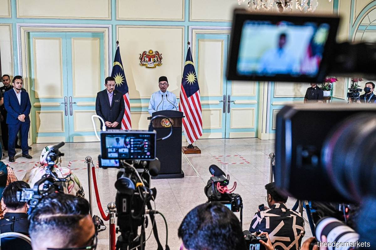 Prime Minister Datuk Seri Anwar Ibrahim announces his Cabinet line-up during a live telecast from the Prime Minister’s Office in Putrajaya on Friday, Dec 2, 2022. (Photo by Zahid Izzani/The Edge)