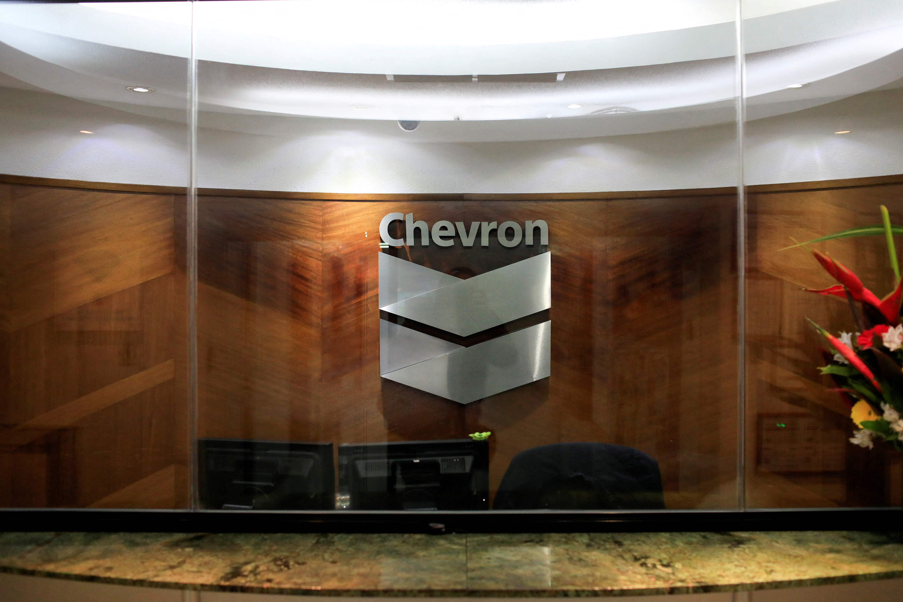 The logo of Chevron is seen at the company's office in Caracas, Venezuela on April 25, 2018. (Reuters)