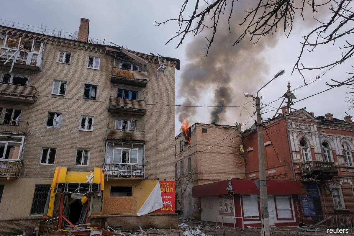 Buildings damaged by a Russian military strike, amid their attack on Ukraine, in the frontline city of Bakhmut, in Donetsk region, Ukraine