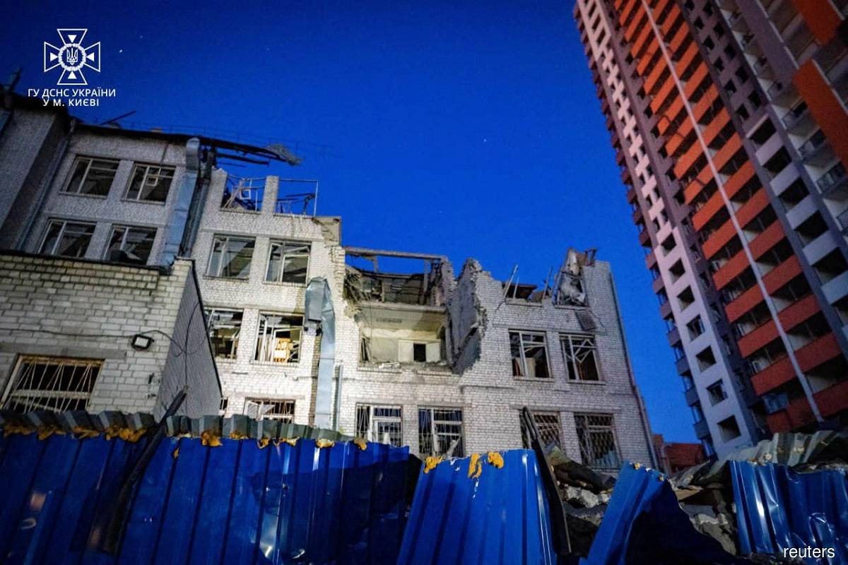 An office building damaged during Russian missile strikes, amid Russia's attack on Ukraine, in Kyiv, Ukraine June 1, 2023. Press service of the State Emergency Service of Ukraine in Kyiv
