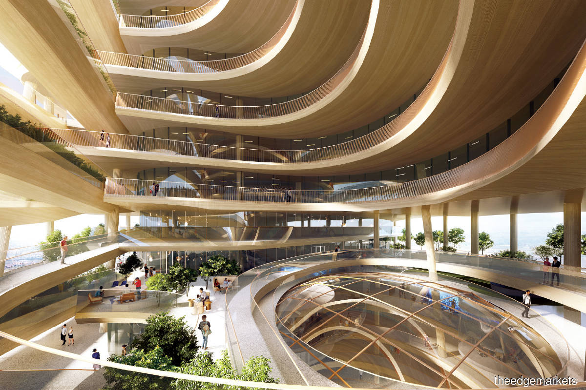 Above: An artist’s impression of Hana Financial Group’s new headquarters, where a series of looping public pathways traverse the building from bottom to top (Photo by NBBJ)
