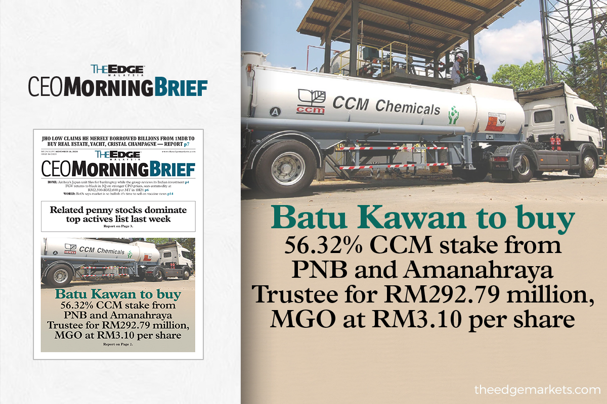 Batu Kawan to buy 56.32% CCM stake from PNB and Amanahraya Trustee for RM292.79 million, MGO at RM3.10 per share