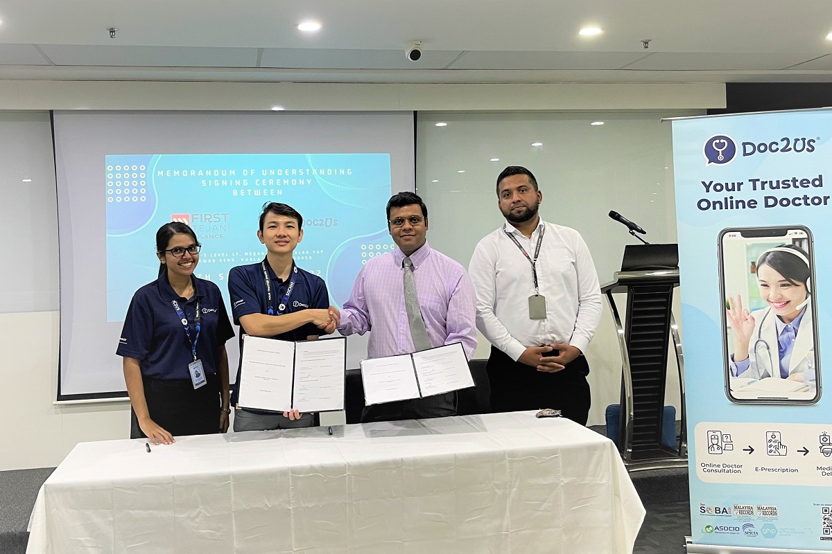 (From left) DOC2US deputy medical director Dr Ashwini Nair, chief medical officer Dr Ng Ming Lee, First Tejani Ambulance Services director Dr Jaianand Tejani and business development manager Mohd Ridhwan at the MOU signing ceremony.