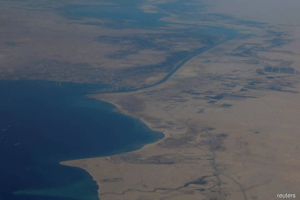 An aerial view of the Gulf of Suez and the Suez Canal