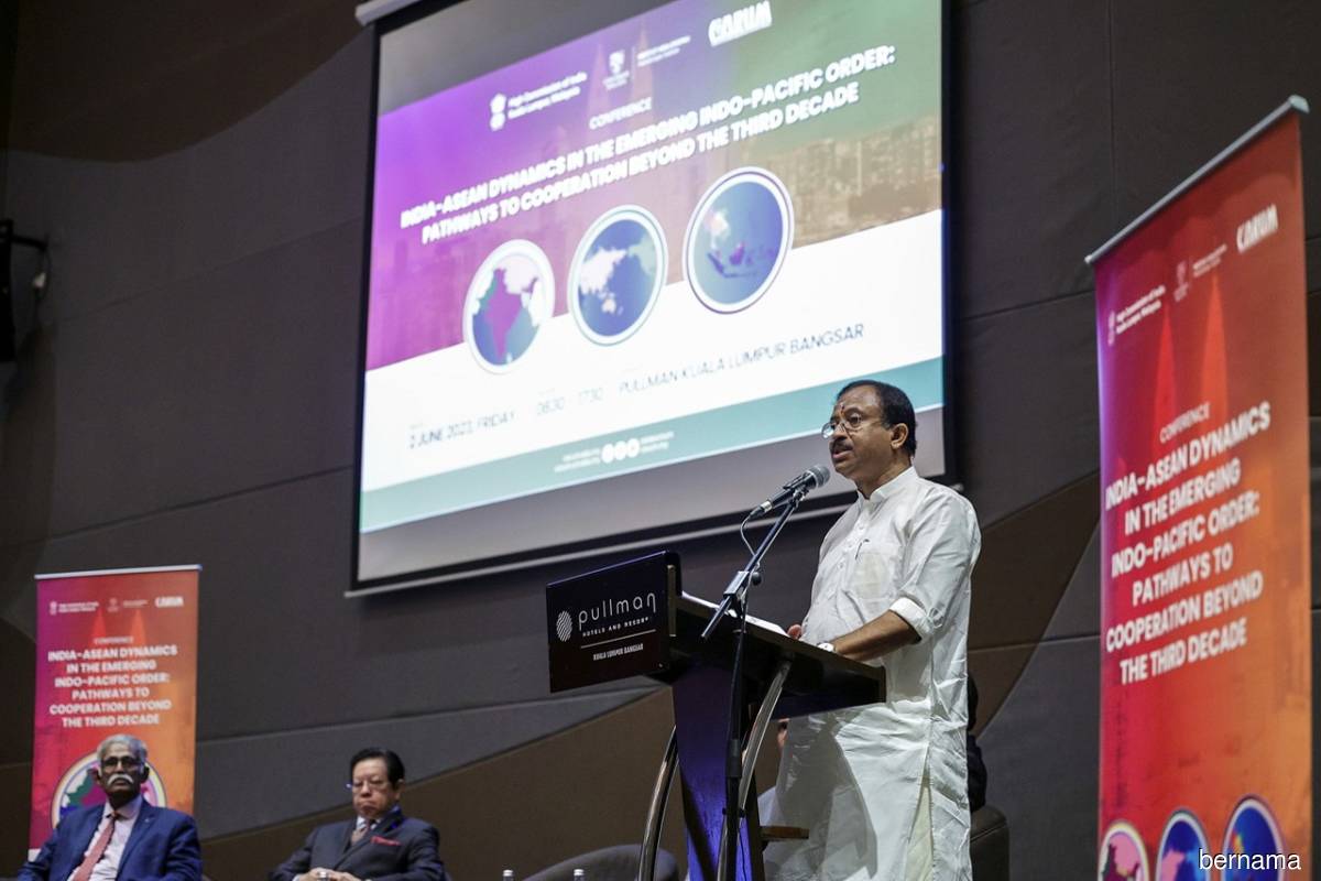 India’s Minister of State for External Affairs V Muraleedharan speaks at the India-Asean Dynamics in the Emerging Indo-Pacific Order: Pathways to Cooperation beyond the Third Decade international conference in Kuala Lumpur, Malaysia, on Friday, June 2, 2023. (Bernamapix)
