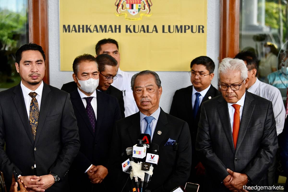 Bersatu president Tan Sri Muhyiddin Yassin speaks at a press conference at the Kuala Lumpur Court Complex on Tuesday, Feb 21, 2023. (Photo credit: Shahrin Yahya/The Edge)