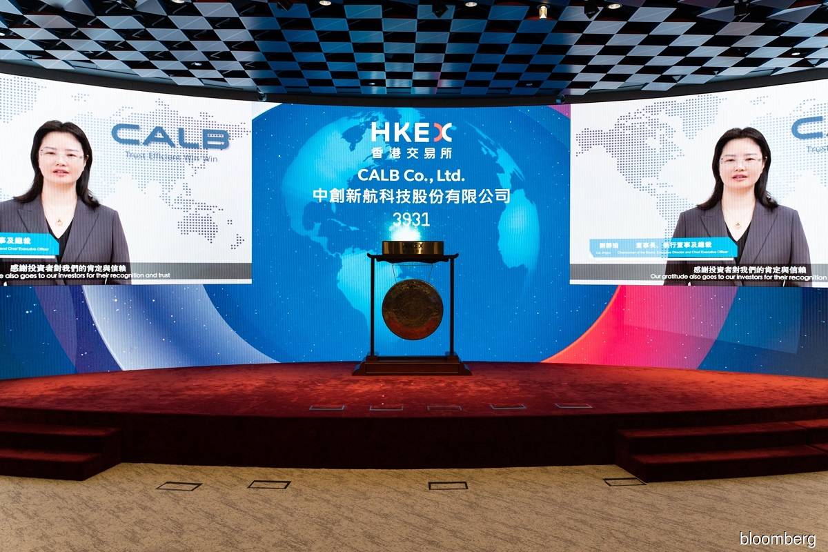A video featuring CALB Co chief executive officer Liu Jingyu being shown at the company's listing ceremony at the Hong Kong Stock Exchange in Hong Kong, China on Oct 6, 2022.