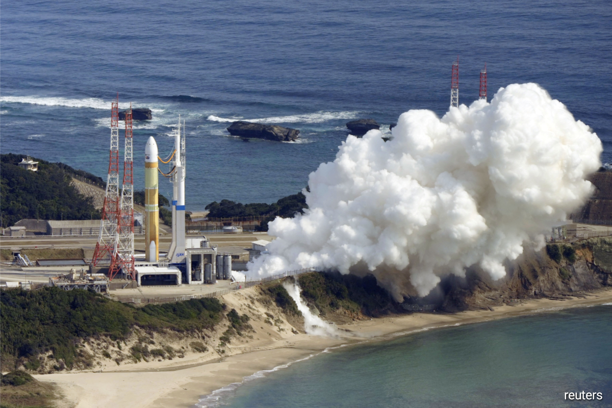 An aerial view showing an H3 rocket carrying a land observation satellite failing to lift off after apparent engine failure at the Tanegashima Space Center in the Kagoshima Prefecture, southwestern Japan on Feb 17, 2023.