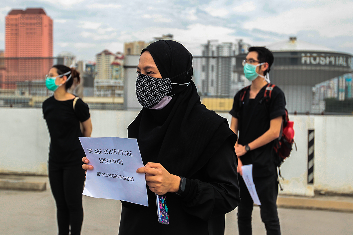 Government hospitals' contract doctors carried out mass walkouts at Hospital Kuala Lumpur (HKL) on Monday, July 26, 2021, in a nationwide strike to demand job security and better career opportunities. (Photo by Zahid Izzani/The Edge)