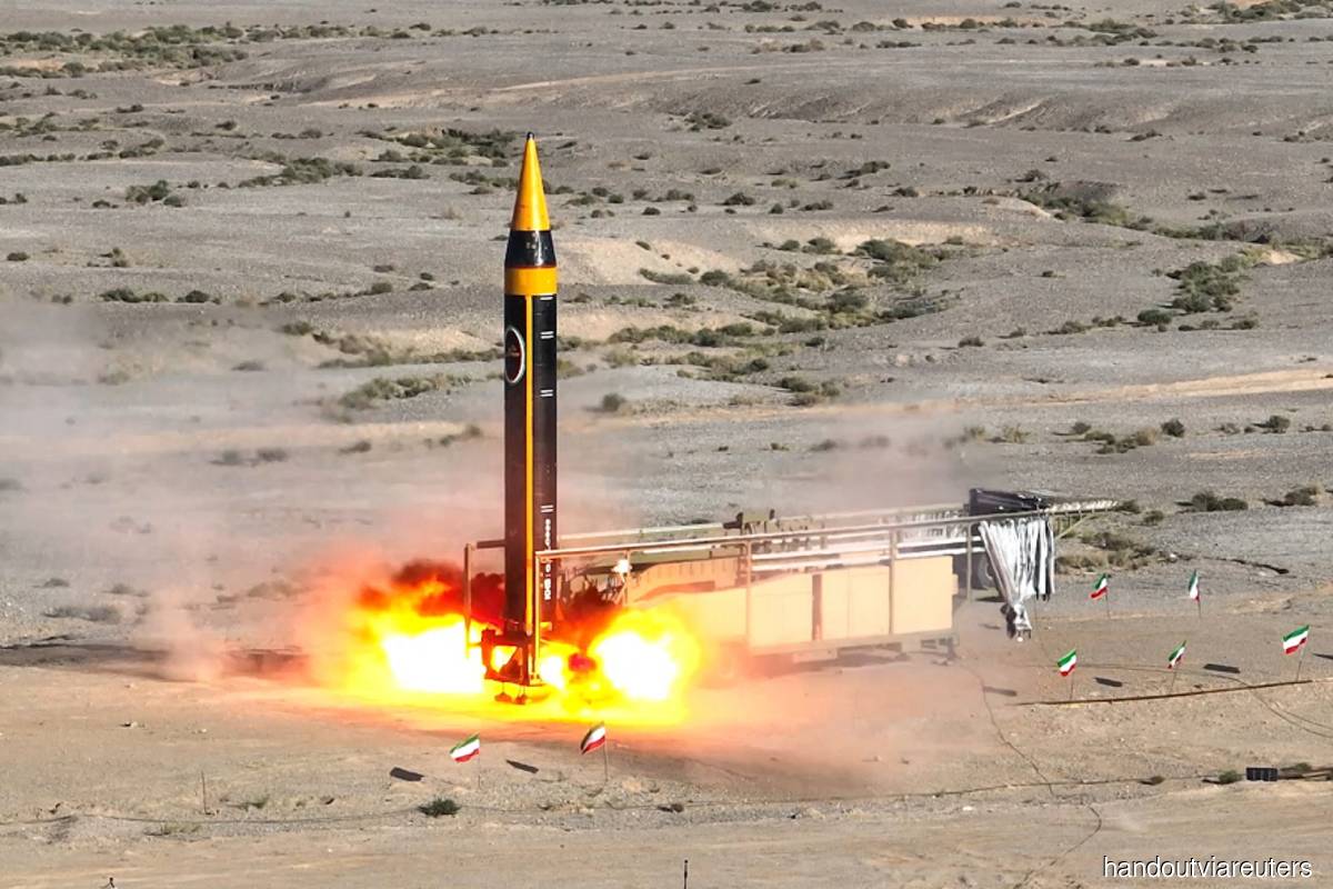 A new surface-to-surface fourth generation Khorramshahr ballistic missile called Khaibar, with a range of 2,000km, is launched at an undisclosed location in Iran, in this picture obtained on Thursday, May 25, 2023. (Photo credit: Iran’s Ministry of Defence/WANA (West Asia News Agency)/Handout via Reuters)