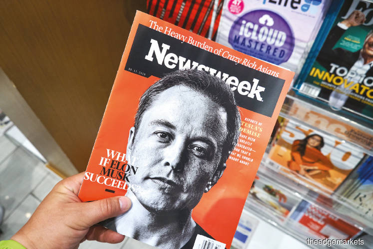 Newsweek magazine with Elon Musk on the front cover. Newsweek is a popular weekly magazine in the US.