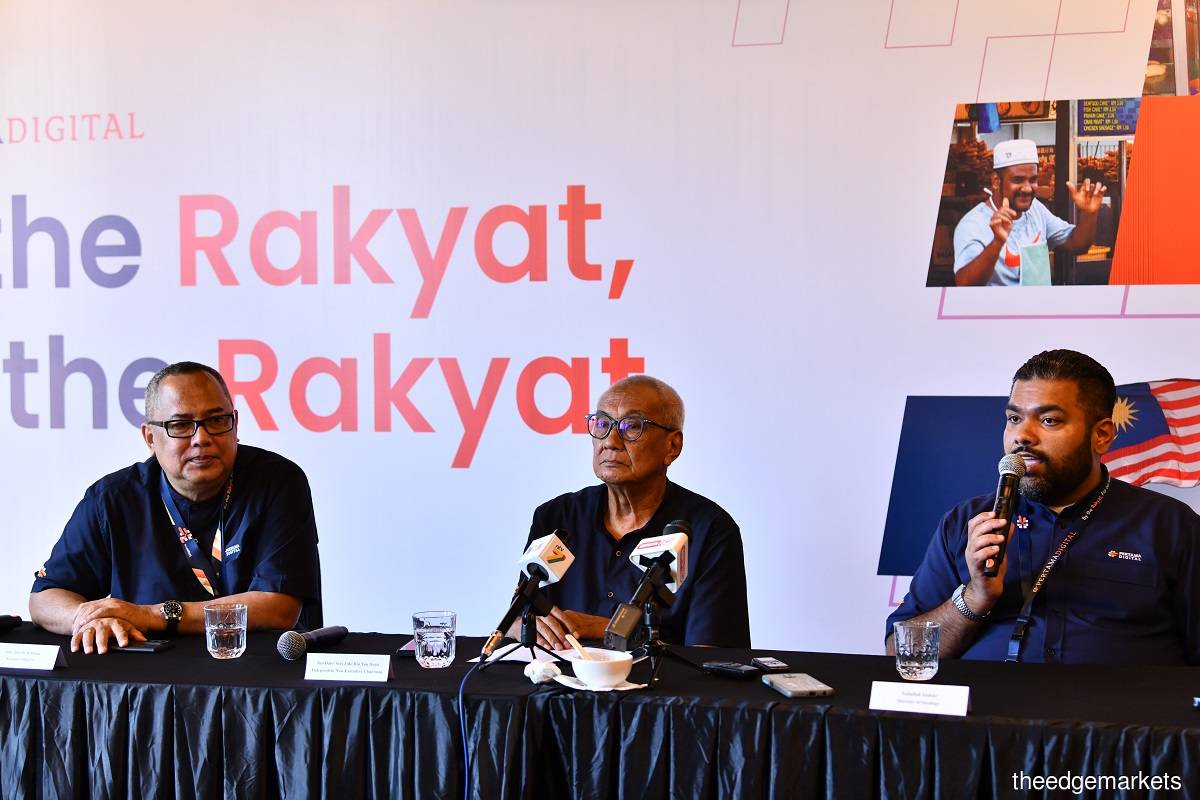 (From left) Pertama Digital Bhd executive director Sabri Abdul Rahman, chairman Tun Zaki Tun Azmi, and director of strategy Saify Akhtar speaking at a press conference on June 27, 2022. Photo by Sam Fong/The Edge