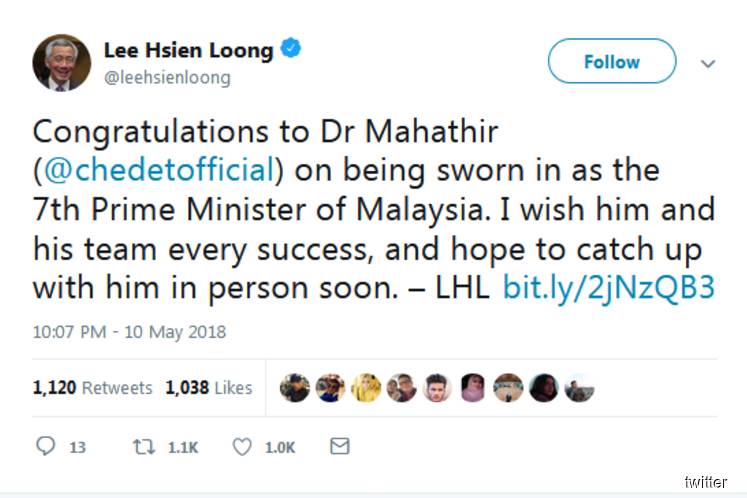 Singapore PM congratulates Tun M on Twitter minutes after his swearing in