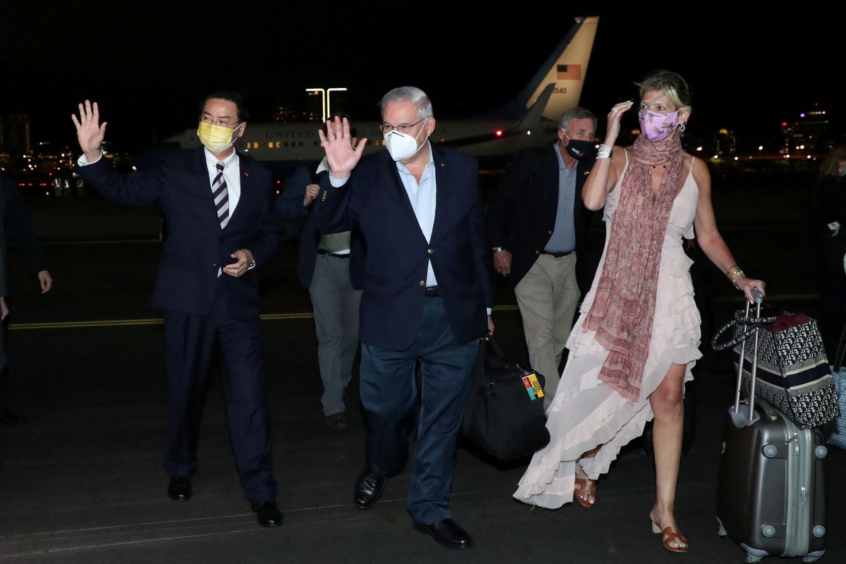 Bob Menendez, chairman of the US Senate Foreign Relations Committee, and other members of the US delegation arrive at Taipei Songshan airport in Taipei, Taiwan April 14, 2022. Taiwan Ministry of Foreign Affairs/Handout via Reuters