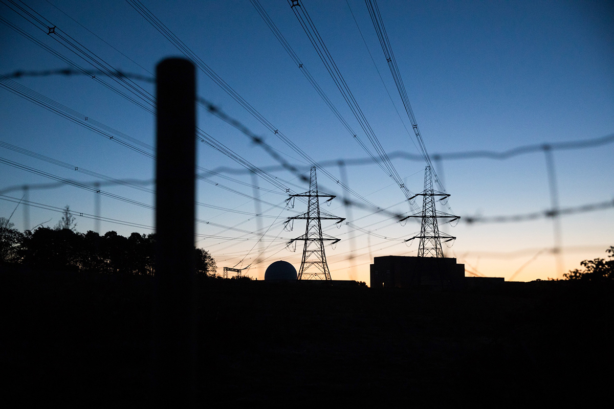 Electricity transmission pylons near a power plant in Sizewell, U.K. (Photo by Bloomberg)