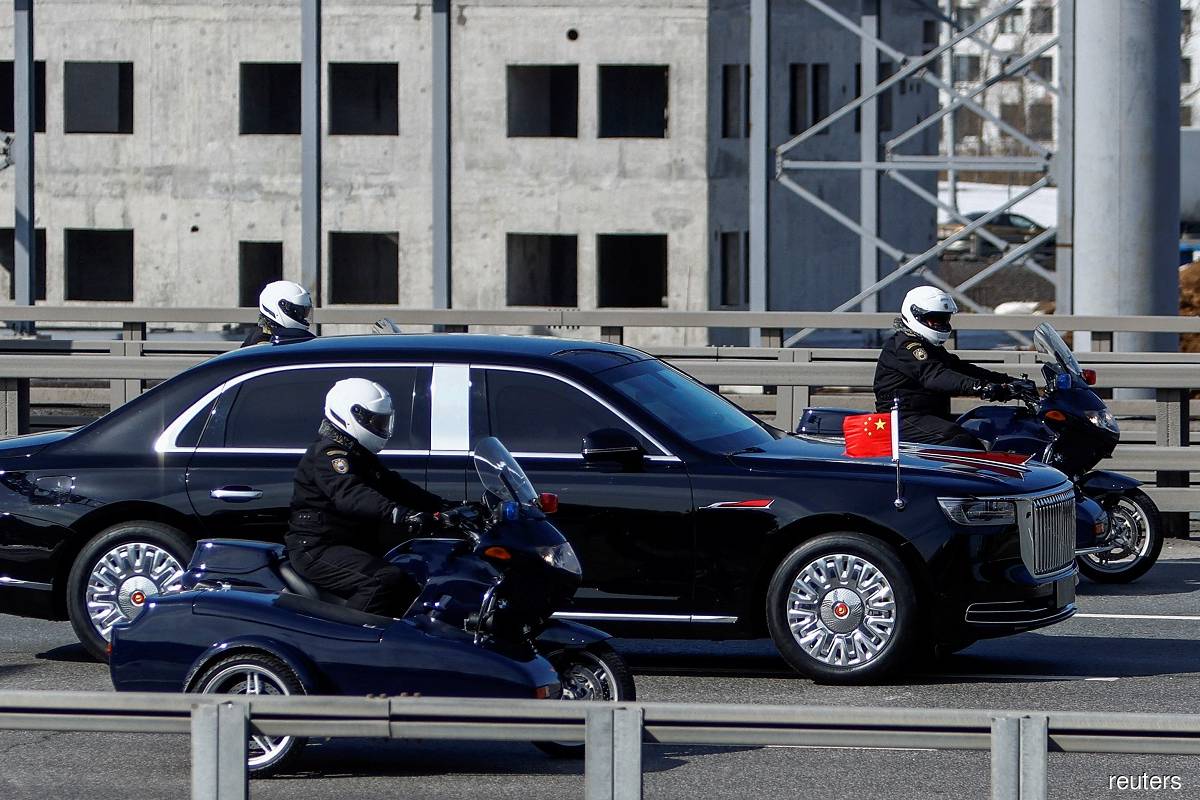 A car of a motorcade transporting members of the Chinese delegation, including President Xi Jinping, upon their arrival in Moscow, Russia on March 20, 2023.
